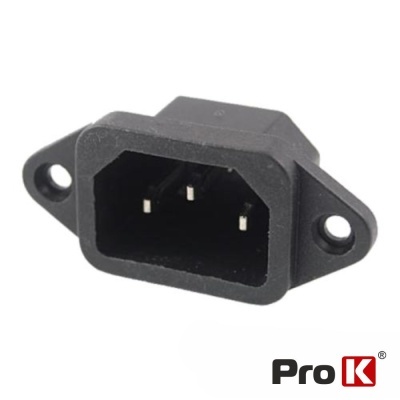 Conector de tomada elétrica macho preto Pro K com três pinos e abas laterais