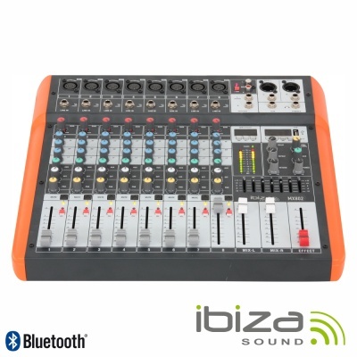 Mesa de mistura de som Ibiza Sound MX802 com botões coloridos e laterais laranja