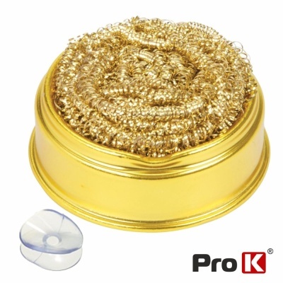 Esponja metálica dourada em suporte amarelo com tampa transparente e logótipo Pro K