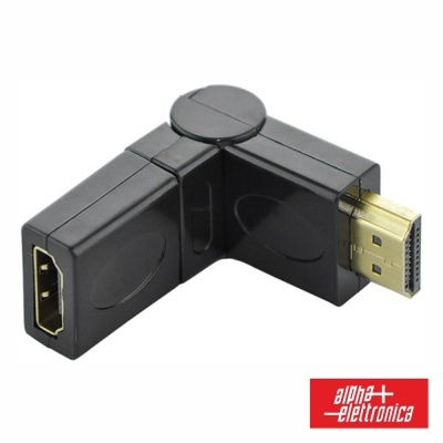 Adaptador HDMI preto em ângulo de 90 graus com conector macho e fêmea