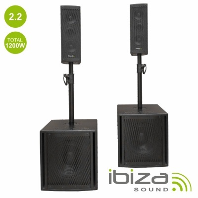 Conjunto de colunas de som ibiza sound pretas com suportes