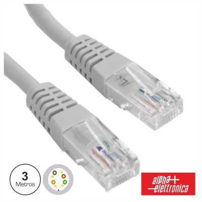Cabo de rede Ethernet cinzento com conectores RJ45 transparentes e logotipo alpha elettronica