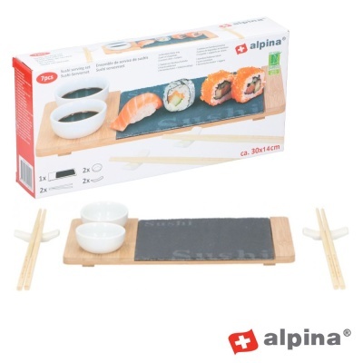 Conjunto para servir sushi com base de madeira e ardósia, dois recipientes brancos e pauzinhos em embalagem Alpina.