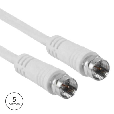 Cabo coaxial branco com conectores metálicos e indicação de 5 Metros