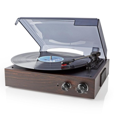 Gira-discos de madeira com tampa transparente e disco de vinil preto