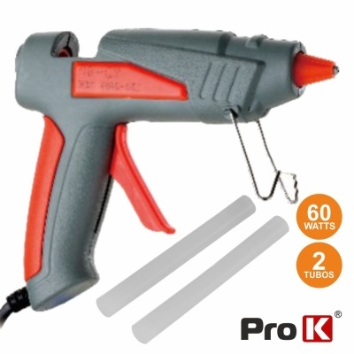 Pistola de cola quente cinzenta com vermelho, dois tubos de cola e texto de 60 WATTS 2 TUBOS Pro K