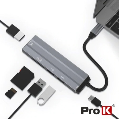 Interface USB tipo C cinza com múltiplas portas conectada a portátil e dispositivos de armazenamento
