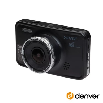 Câmara de vídeo para carro DENVER preta com lente circular e texto WiFi 4K Ultra HD