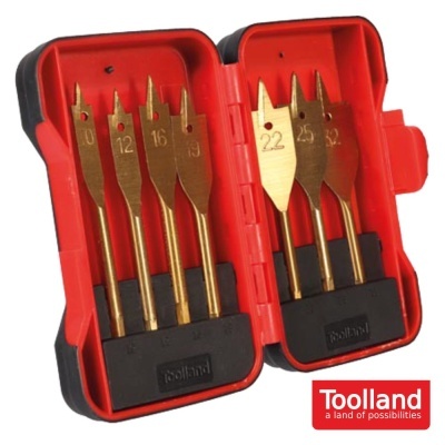 Conjunto de brocas douradas em estojo plástico vermelho e preto com marca Toolland