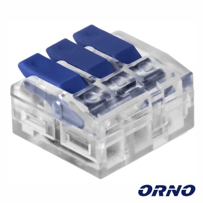 Conector elétrico de três terminais com alavancas azuis