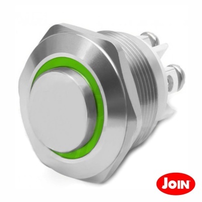 Botão metálico cromado com aro verde e logótipo JOIN