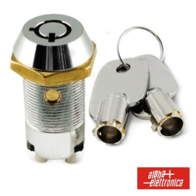Cilindro de fechadura metálico com duas chaves e logótipo Alpha Elettronica