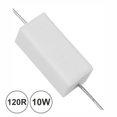 Resistor elétrico branco com fios metálicos e indicação 120R 10W