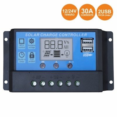 Controlador de carga solar 12/24V 30A com 2 portas USB e visor digital