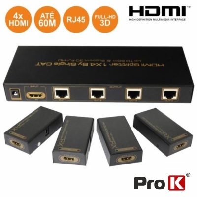 Splitter HDMI preto com quatro portas RJ45 e quatro transmissores HDMI, com texto e logos da marca Pro K.