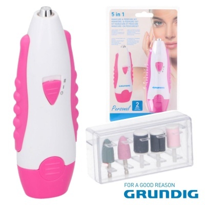 Dispositivo elétrico branco e rosa para manicure e pedicure com cinco acessórios da Grundig