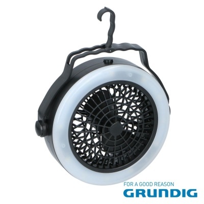 Ventoinha portátil preta redonda com luz LED circular e gancho plástico