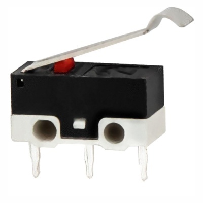 Microinterruptor preto e branco com alavanca metálica