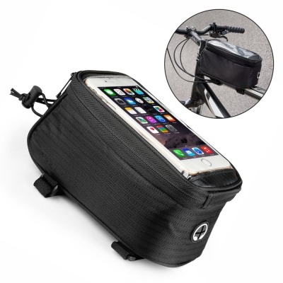 Bolsa preta para bicicleta com bolso transparente para smartphone e fecho de correr