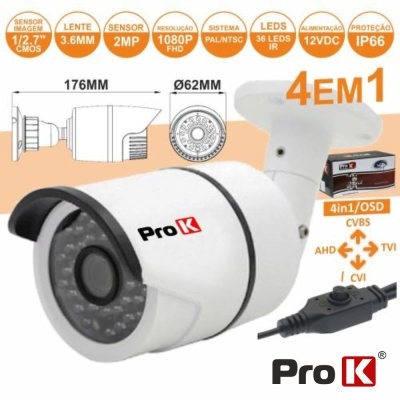 Câmara de segurança branca Pro K com LEDs IR em círculo, texto técnico e ícones na imagem