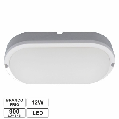 Plafon LED oval cinza com difusor branco fosco e especificações de luz