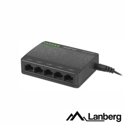 Switch de rede preto Lanberg com cinco portas Ethernet e luzes verdes
