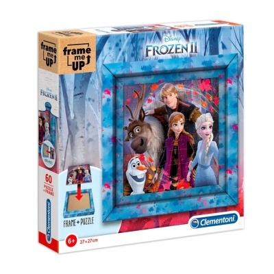 Caixa de puzzle e moldura Frozen II com personagens e cores azul e vermelho