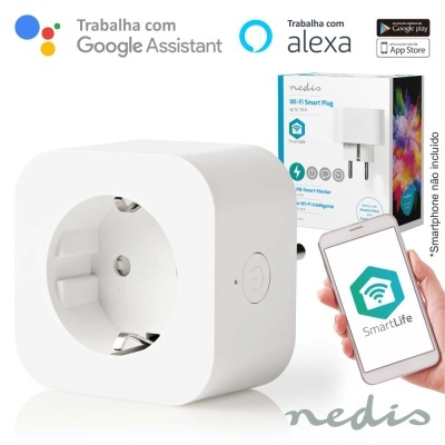 Tomada inteligente Wi-Fi branca Nedis com aplicativo SmartLife no smartphone