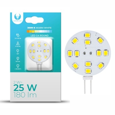 Lâmpada LED redonda branca quente 3000K com 12 LEDs e embalagem azul e branca