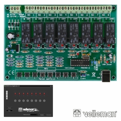 Placa eletrónica Velleman com oito relés e caixa preta com LEDs.
