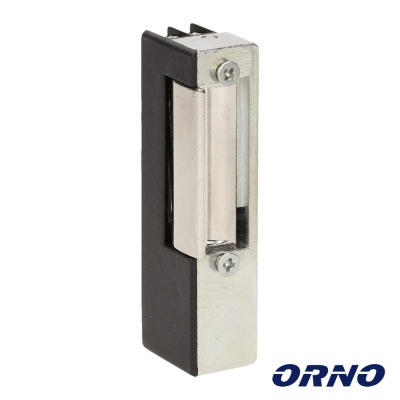 Fecho elétrico metálico e plástico preto com parafusos e logotipo ORNO