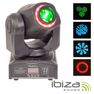 Luz móvel LED preta ibiza SOUND com padrões coloridos e visor digital