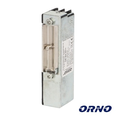 Fechadura elétrica metálica prateada com etiqueta ORNO