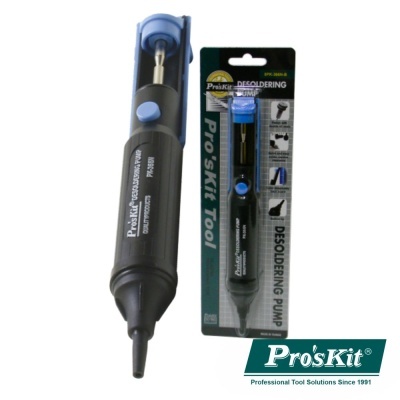Bomba de dessoldar Pro'sKit preta e azul com embalagem original