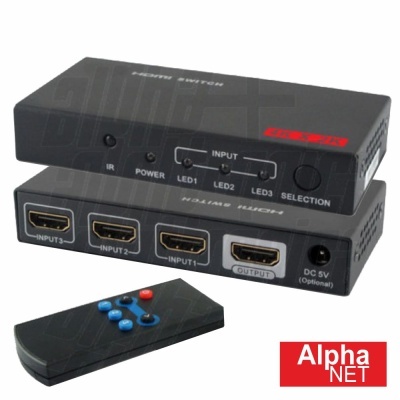 Comutador HDMI preto com controle remoto e logótipo Alpha NET