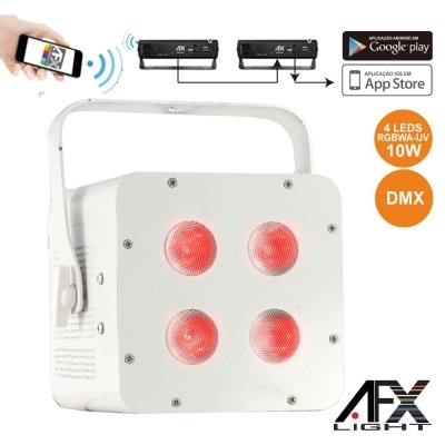Luz de 4 LEDs vermelhos quadrada da marca AFX Light com indicações de apps móveis e DMX