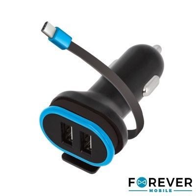 Carregador automóvel preto com duas portas USB e cabo tipo C azul