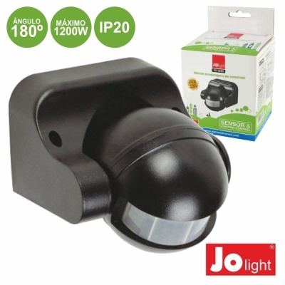 Sensor de movimento preto Jo Light com embalagem e informações técnicas
