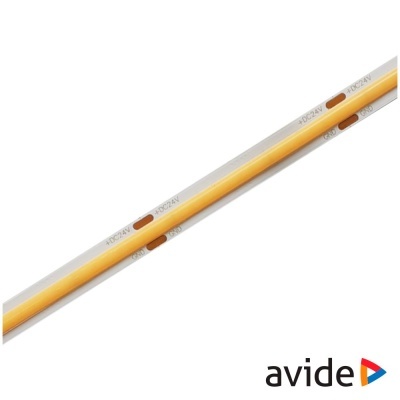 Fita LED branca e amarela com texto '+DC24V' e logótipo avide