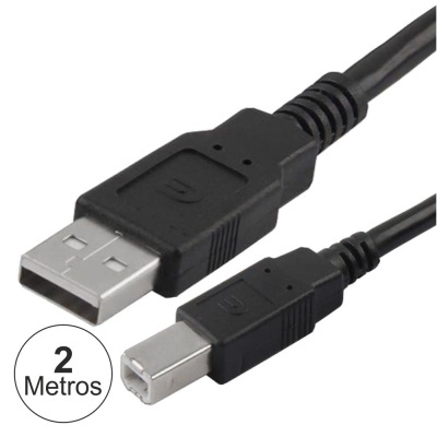 Cabo USB preto com conectores tipo A e B, 2 metros