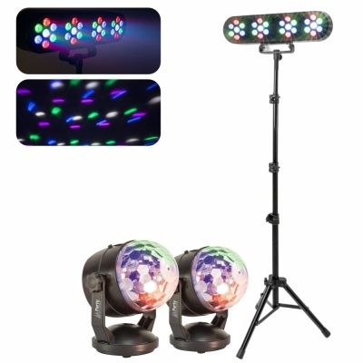 Conjunto de iluminação multicolorida com luzes móveis e barra LED em tripé preto