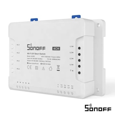 Dispositivo Sonoff 4CH Wi-Fi DIY Smart Switch branco com botões e texto técnico