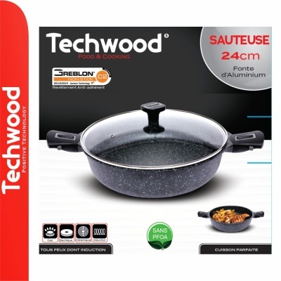 Sauteuse preta antiaderente Techwood 24cm com tampo de vidro e alças pretas