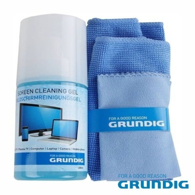 Gel de limpeza para ecrãs e panos de microfibra azuis da marca Grundig
