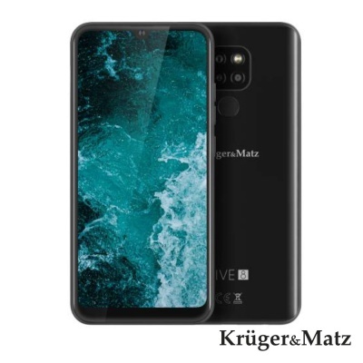 Smartphone Krüger&Matz preto com ecrã e traseira visíveis