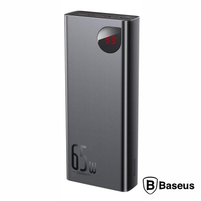 Power bank Baseus cinza escuro com display digital vermelho e potência 65W
