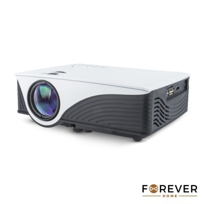 Projetor branco e preto com lentes grandes sobre fundo branco