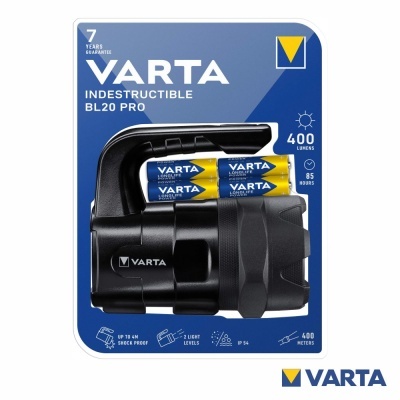 Lanterna preta Varta Indestructible BL20 Pro com embalagem azul
