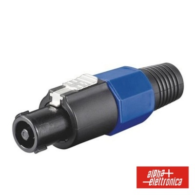 Conector elétrico preto e azul com trava metálica em fundo branco