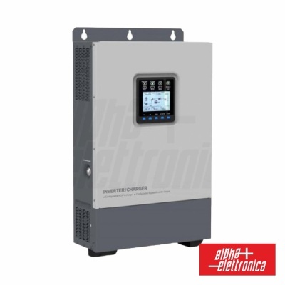Inversor/Carregador elétrico cinza com ecrã digital e logótipo Alpha Elettronica